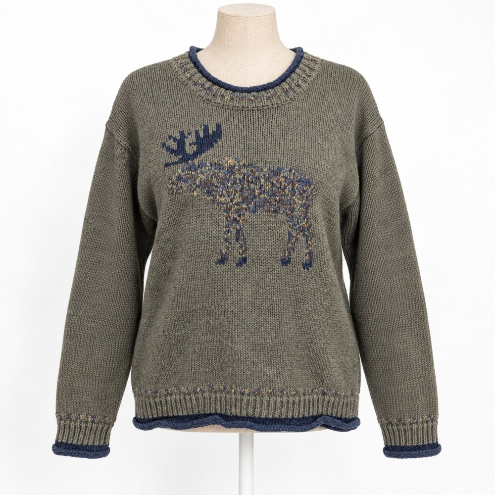 Vintage 90s Cottagecore Moose Sweater Size M Green Roll Neck Cabin Canada Retro